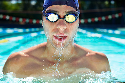 Buy stock photo Athlete man, swimming pool and fitness with splash, speed or exercise for wellness, health or sport. Swimmer, closeup and person in water for training, contest or workout with goggles in summer games