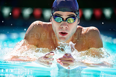 Buy stock photo Man, swimming pool and training for sport with splash, speed and exercise for wellness, health and fitness. Swimmer, athlete or person in water for games, contest or workout with goggles in summer