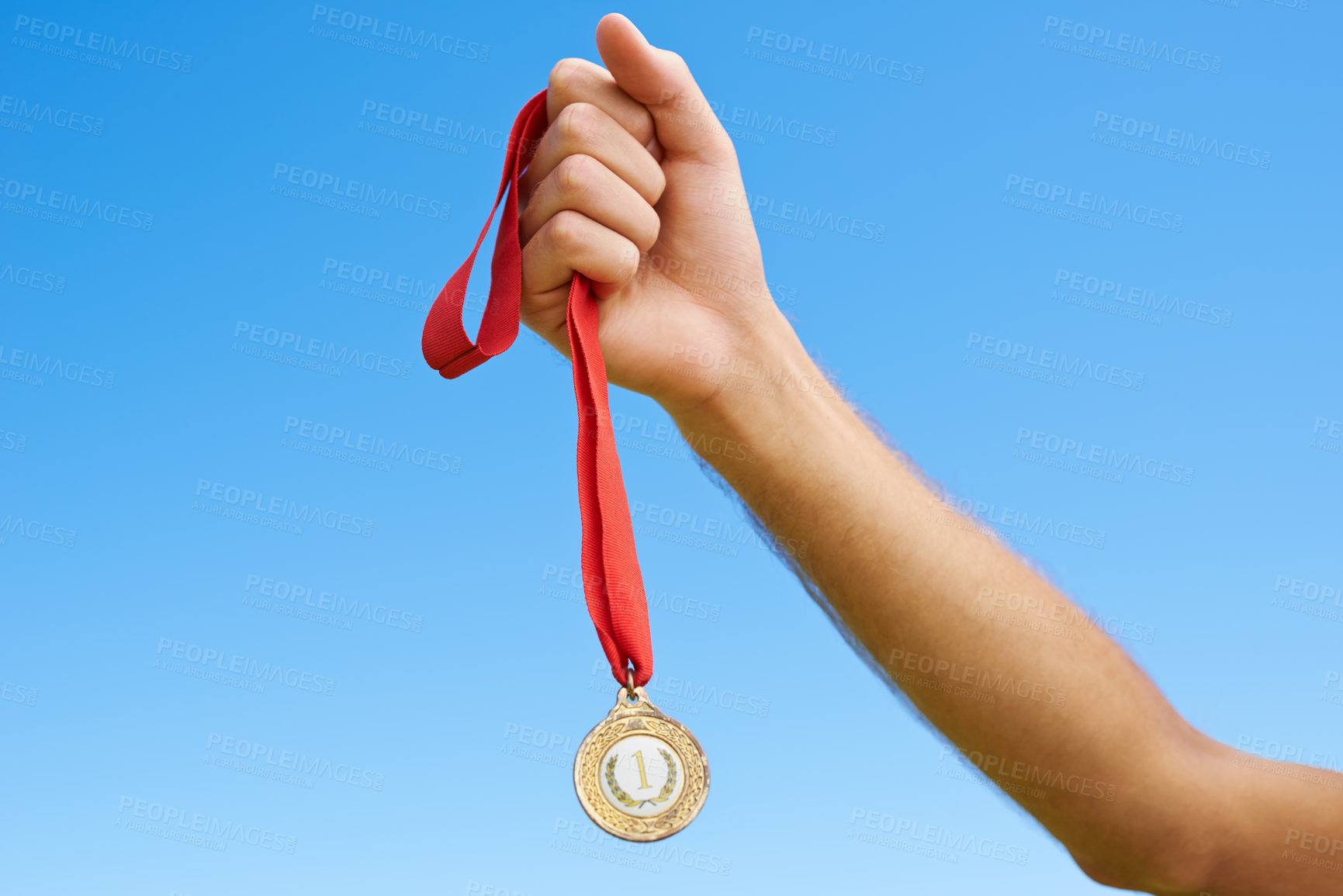 Buy stock photo Gold medal, sky and hands of sports person winning award, competition victory or game in outdoor contest. Marathon champion, triathlon winner or closeup athlete with prize, success and achievement
