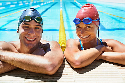Buy stock photo Swimming pool, happy and portrait of friends for sports exercise, workout routine or athlete training. Happiness, water and relax outdoor team, partner or swimmer smile for fitness cardio challenge