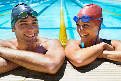 Buy stock photo Swimming pool, portrait and happy friends relax after sports exercise, workout routine or training in water. Wet swimmer, joke and funny partner laughing after race, teamwork or challenge performance