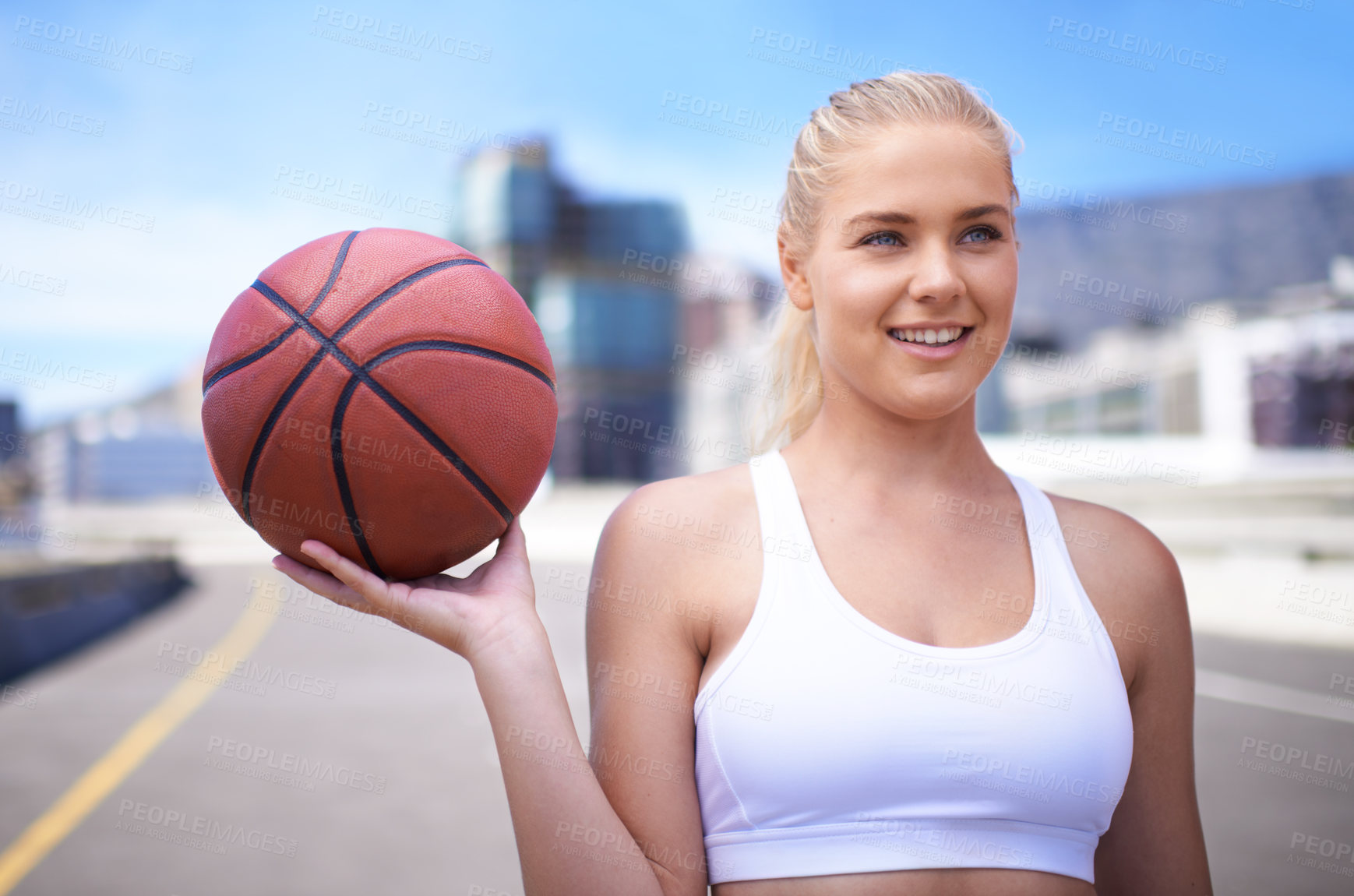 Buy stock photo Thinking, smile and woman with a basketball, fitness and sports with happiness, New York city and training. Person, player or girl with joy, summer or weekend break with exercise or practice for game