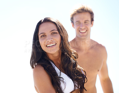 Buy stock photo Portrait, summer and love with couple on beach together for holiday, vacation or romantic getaway. Smile, travel or dating with happy young man and woman by ocean or sea for coastal adventure