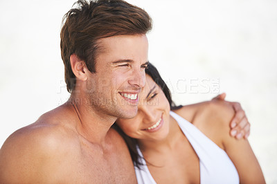 Buy stock photo Love, smile and view with couple on beach together for travel, vacation or holiday to relax on coast. Face, happy or vision with young man and woman by sea or ocean for honeymoon, romance and bonding