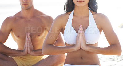 Buy stock photo Hands, yoga and meditation with couple on beach closeup for health, wellness or inner peace together. Summer, fitness or zen with man and woman on sand by sea or ocean to relax on holiday vacation