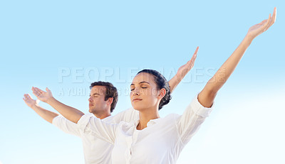 Buy stock photo Outdoor yoga, sky and couple meditate for spiritual peace, self care and yogi healing of soul, aura or chakra energy. Freedom, eyes closed and people meditation for calm, zen mindset or mindfulness