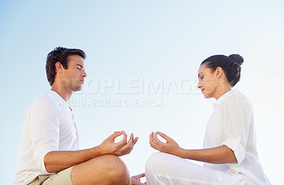 Buy stock photo Outdoor yoga, sky or couple meditation for spiritual peace, mental health or morning stress relief exercise. Freedom, sunshine or people meditate with eyes closed for calm, zen mindset or mindfulness