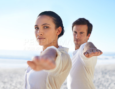 Buy stock photo Beach, woman and portrait of couple yoga for stress relief exercise, fresh air and outdoor wellness in nature. Freedom, marriage partner and face of people doing pilates, workout or training routine 
