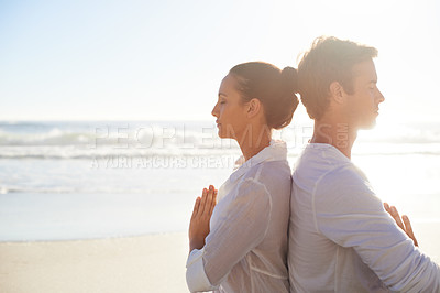 Buy stock photo Yoga, meditation and space with couple on beach together for health, wellness or mindfulness in summer. Relax, peace or zen with young man and woman on sand by ocean or sea for awareness in nature