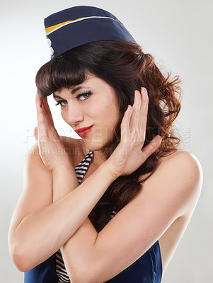 Buy stock photo Portrait, sailor woman and stop hands of model in studio isolated on white background. Face, no or rejection of vintage pin up girl in hat with gesture sign for travel prohibition, warning or caution