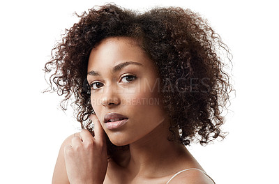 Buy stock photo Beauty, serious and portrait of African woman on white background with makeup, glowing skin and glamour. Beautiful, spa mockup and face of female person with natural cosmetics, skincare and wellness