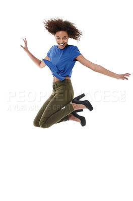 Buy stock photo Young african woman jumping with a smile while isolated on white