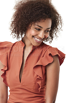 Buy stock photo Thinking, fashion and portrait of African woman in studio with smile, confidence and happy on white background. Business, corporate and female worker with positive mindset, thoughtful and happiness