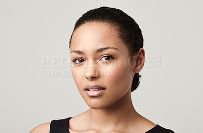 Buy stock photo Black woman, portrait and natural beauty with confidence and cosmetics in a studio feeling proud. Isolated, white background and young face of a African female person and model with makeup and pride