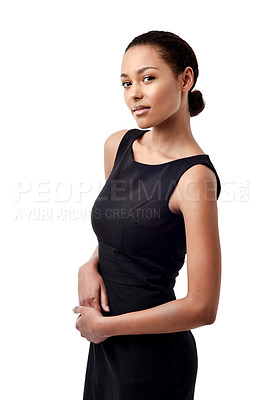 Buy stock photo Business, African woman and portrait with confidence and beauty with corporate style. Isolated, white background and company fashion dress of a black female person and worker with stylish clothes