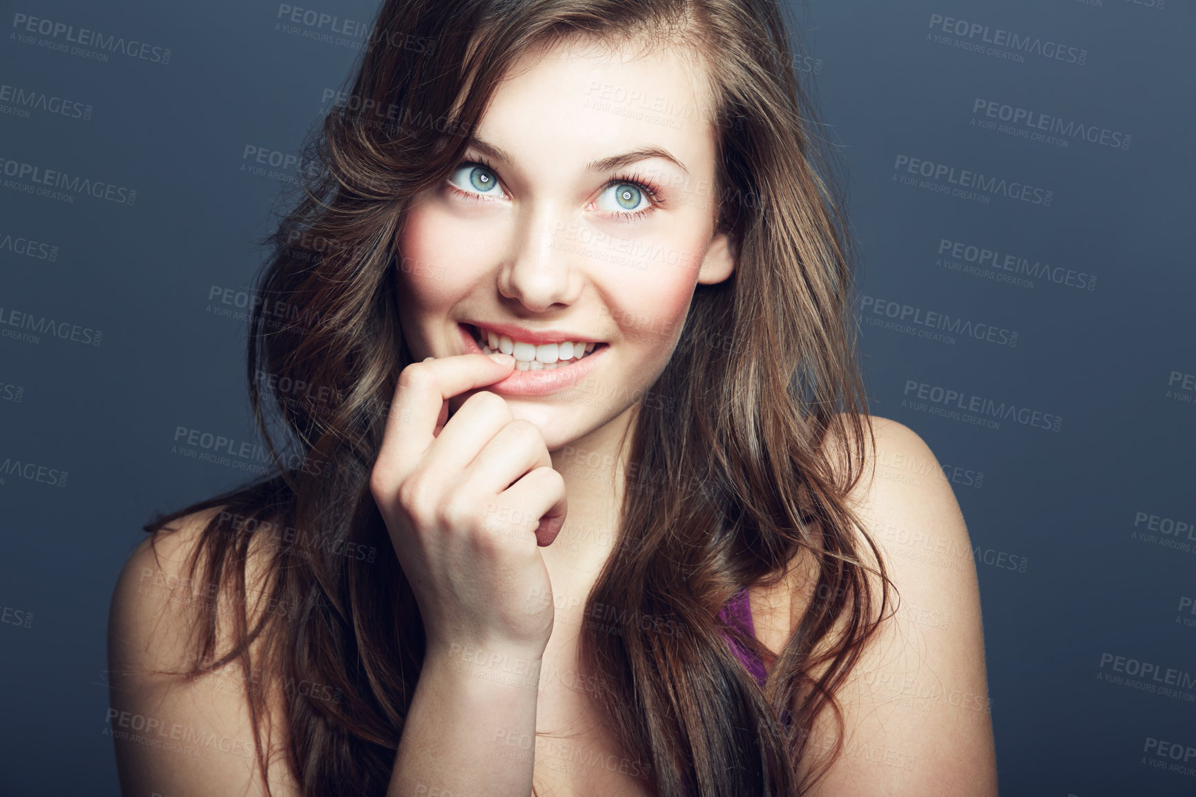 Buy stock photo Happy woman, hair and natural beauty with cosmetics, salon hairstyle and grooming on grey background. Think, smile and wellness, dermatology for skin with growth and texture for haircare in studio