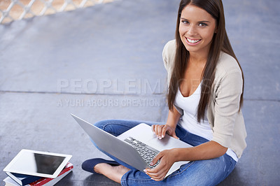 Buy stock photo Student, portrait and tablet by laptop on campus, technology and education by textbook for reading. College, face or happy woman in outdoor in park, books and writing notes by learning on internet