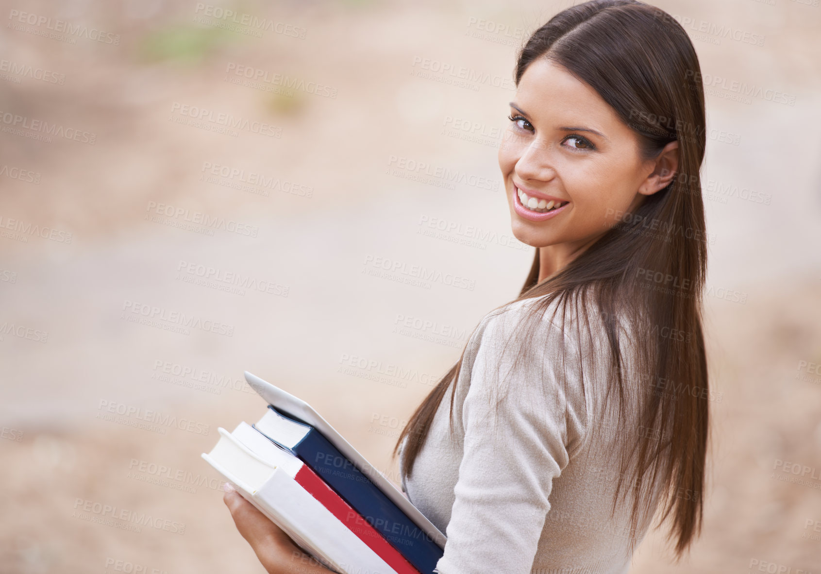 Buy stock photo Student, portrait and books with tablet in nature, technology and education for learning at university. Park, young woman and face by happy connection, college and commitment with networking online