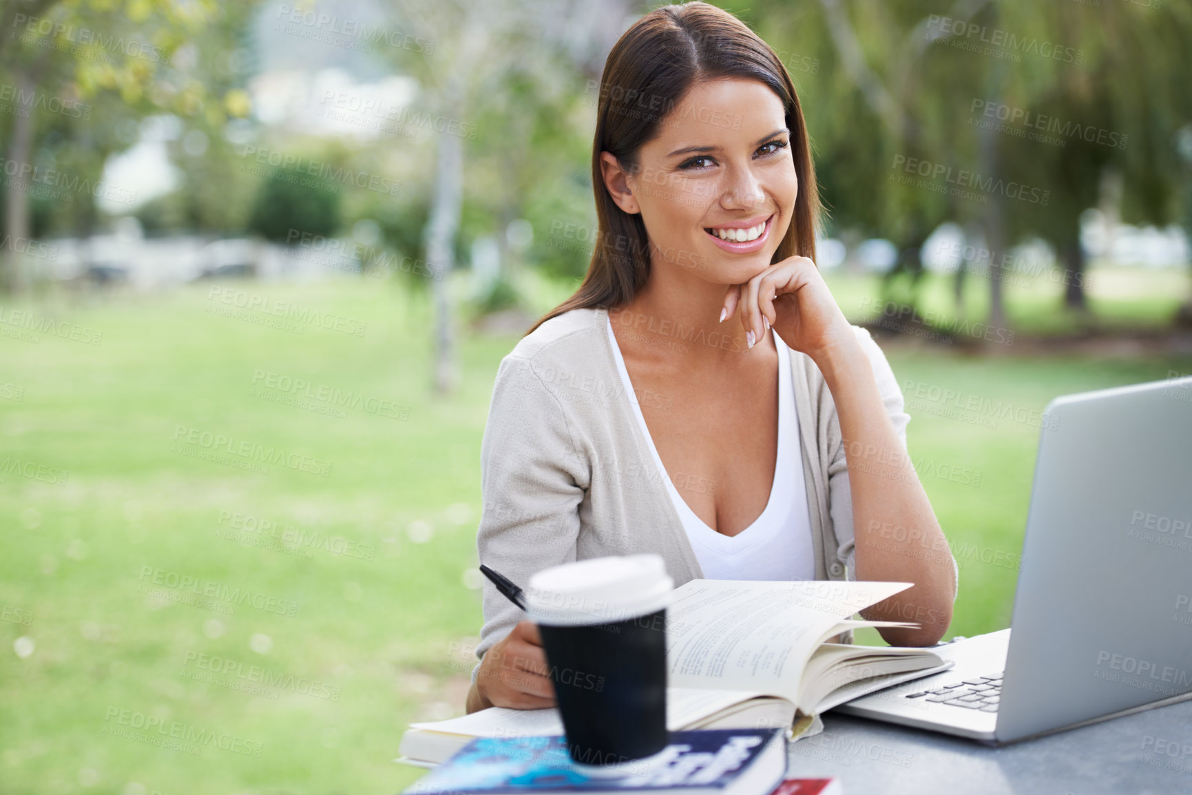 Buy stock photo Woman, portrait and coffee with laptop in park, technology and education with textbooks for studying. College student, face or happy in outdoor by tea, books and writing notes by learning on internet