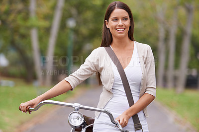 Buy stock photo Woman, vintage bike and travel in park for adventure on holiday break for explore, fresh air or relax. Female person, retro bicycle and nature street for vacation or casual stroll, outdoor or trip