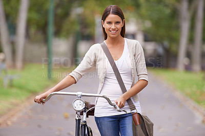 Buy stock photo Woman, portrait and vintage bike for park adventure on holiday break for explore, fresh air or relax. Female person, retro bicycle and nature street for vacation or casual tourism, outdoor or trip
