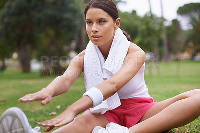 Buy stock photo Fitness, park or sports woman stretching in running training, cardio exercise or outdoor workout. Nature, legs or healthy girl runner with towel, ready to start activity for wellness a slim body