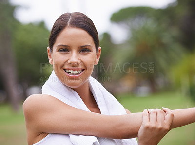 Buy stock photo Park, portrait or happy woman stretching arms in running training, exercise or outdoor workout. Nature, smile or healthy girl runner with towel, ready to start activity for fitness, sports or warm up