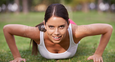 Buy stock photo Push up, park or portrait of woman in fitness training, exercise or workout for wellness, routine or balance. Ready, smile or happy athlete on grass for strong arm muscles, activity or body mobility