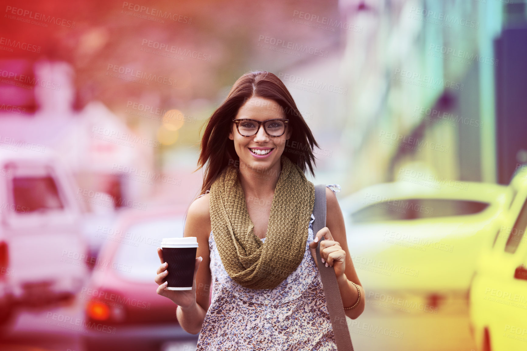 Buy stock photo Happy, woman and portrait of coffee break in city, street or outdoor on holiday or vacation in summer. Takeaway, tea and college student walk in town with beverage in a cup and freedom on adventure