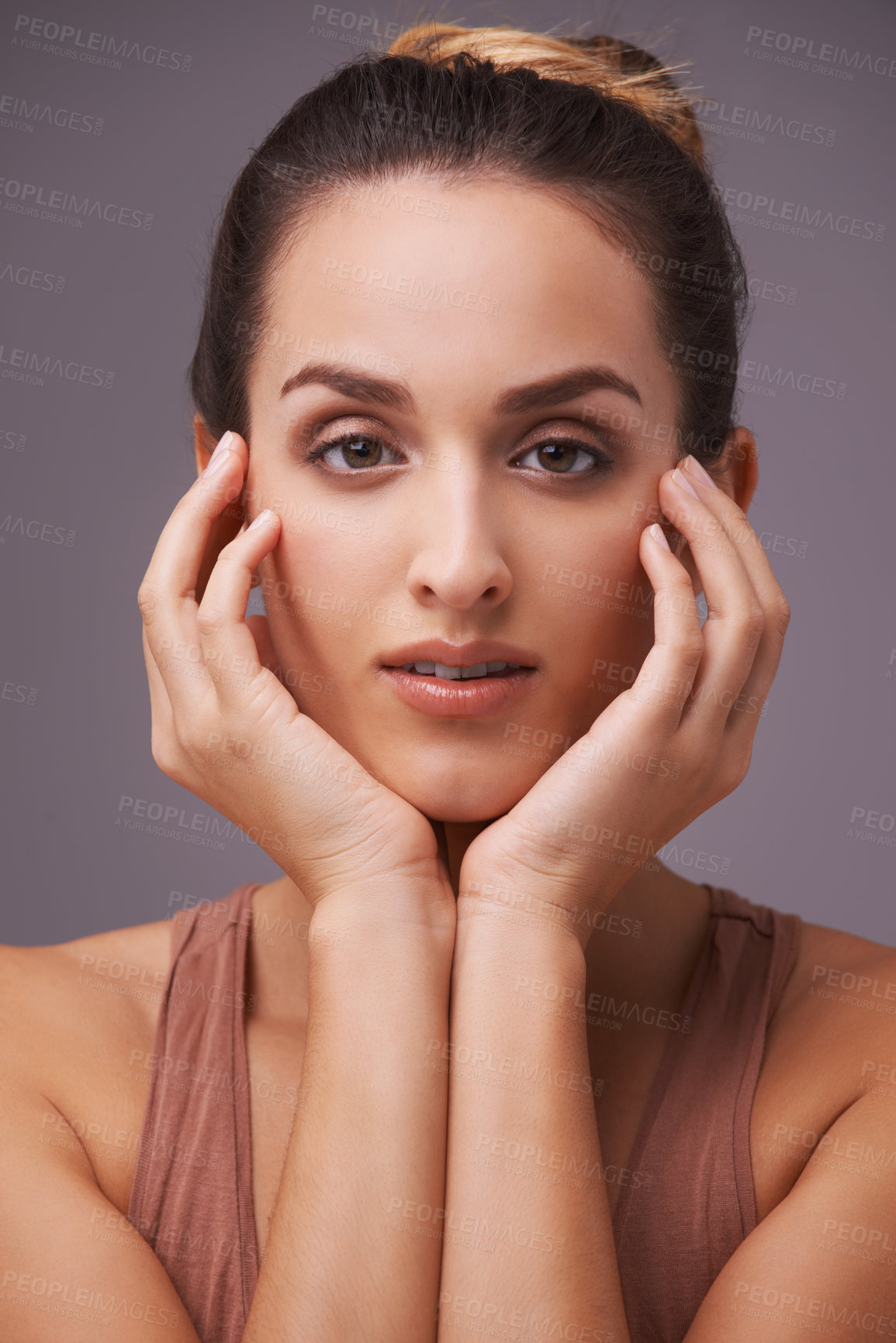Buy stock photo Portrait, skincare and wellness with natural woman in studio on gray background for dermatology. Beauty, aesthetic and cosmetics with hands of young person on face or skin for antiaging treatment