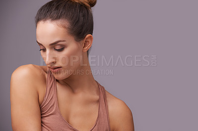 Buy stock photo Woman thinking, face or beauty space for cosmetics or skincare dermatology for healthy glow. Isolated results, mockup or confident model with natural shine or wellness in studio on purple background