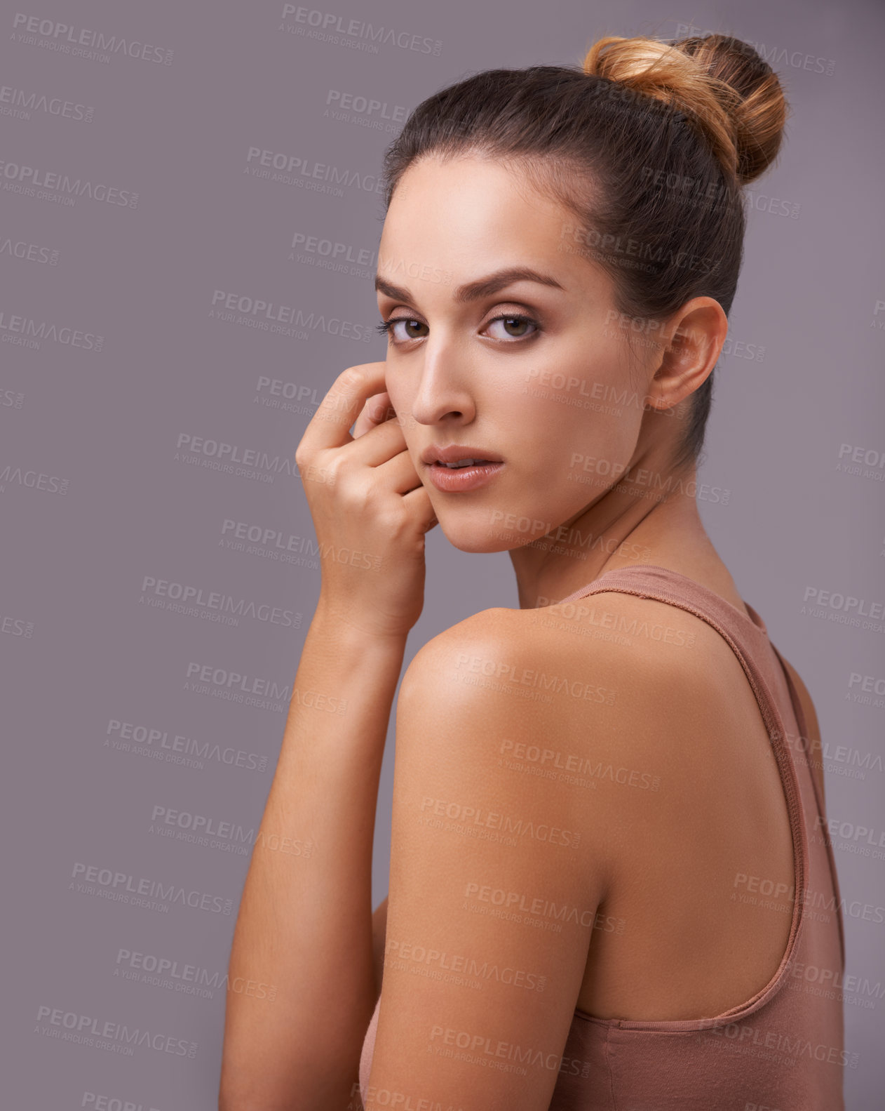 Buy stock photo Portrait of woman, face or skincare dermatology, facial beauty or cosmetics for healthy glow. Isolated results, mockup or confident model with natural shine or wellness in studio on purple background