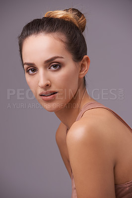 Buy stock photo Skincare, portrait and beauty with woman in studio with health, wellness and dermatology routine. Cosmetic, confident and female person with natural or facial treatment isolated by gray background.
