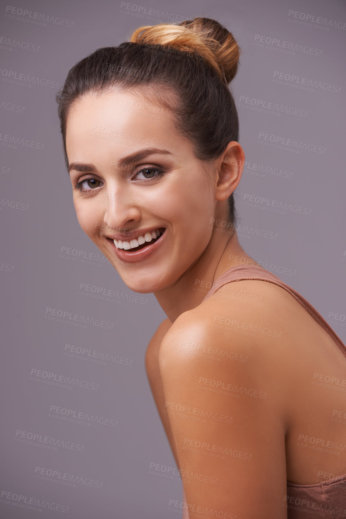 Buy stock photo Portrait, beauty and smile with natural woman in studio on gray background for aesthetic wellness. Face, skincare or confident and young person looking happy with dermatology and cosmetology