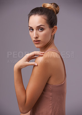 Buy stock photo Portrait of woman, natural or skincare for dermatology, facial beauty or cosmetics for healthy glow. Isolated, results or confident model with smooth shine or wellness in studio on purple background