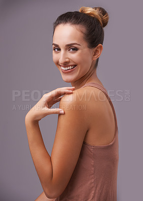 Buy stock photo Skincare, smile and portrait of woman in studio with health, wellness and dermatology routine. Beauty, confident and female person with natural face cosmetic treatment and isolated by gray background