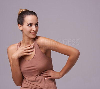 Buy stock photo Woman, thinking or skincare ideas with beauty mockup space or cosmetics for healthy glow. Isolated person, results or confident model with natural shine or wellness in studio on purple background 