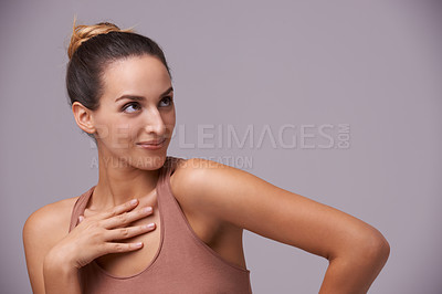 Buy stock photo Woman, thinking or skincare ideas with mockup space or beauty cosmetics for healthy glow. Isolated person, results or confident model with natural shine or wellness in studio on purple background 