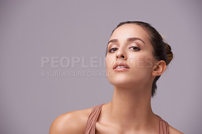 Buy stock photo Portrait of woman, space or skincare dermatology, facial beauty or cosmetics for healthy glow. Isolated, mockup or confident model with natural results or wellness in studio on purple background 