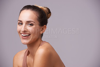 Buy stock photo Skincare, happy and portrait of woman in a studio with health, wellness and dermatology routine. Cosmetic, confident and young female person with natural facial treatment isolated by gray background.