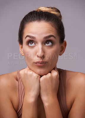 Buy stock photo Woman thinking, looking up or skincare ideas with beauty cosmetics for healthy glow or dermatology. Isolated, results or female model in studio with natural shine or wellness on purple background
