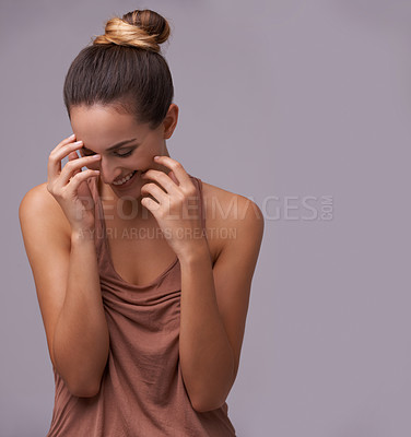 Buy stock photo Funny or space, happy woman with natural beauty in studio laughing at a joke for freedom or mockup. Shy, skincare or female model enjoying comedy or humor on purple background with smile or wellness