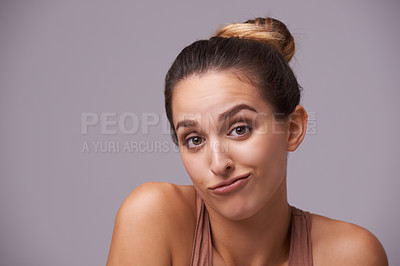 Buy stock photo Confused, portrait and woman in studio with doubt, questions, and pensive facial expression. Grey background, why or skeptical face of an unsure female model puzzled by choice, decision or problem