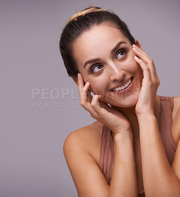 Buy stock photo Woman, face and beauty, cosmetics and skincare with dermatology for healthy glow on purple background. Hands on skin, happy with smile and wellness, self care and grooming for hygiene in studio