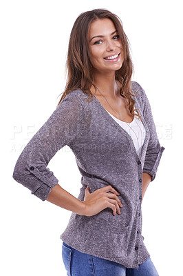 Buy stock photo Fashion, portrait and happy woman in studio with cool clothes, pose or good mood on white background. Style, face and female model smile with confidence for elegant, trendy or casual outfit choice 