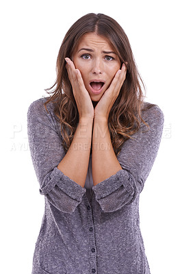 Buy stock photo Wow, surprise and shocked woman with hands on face in studio with gossip, announcement or news on white background. Omg, panic and portrait of female model with mind blown emoji for unexpected secret