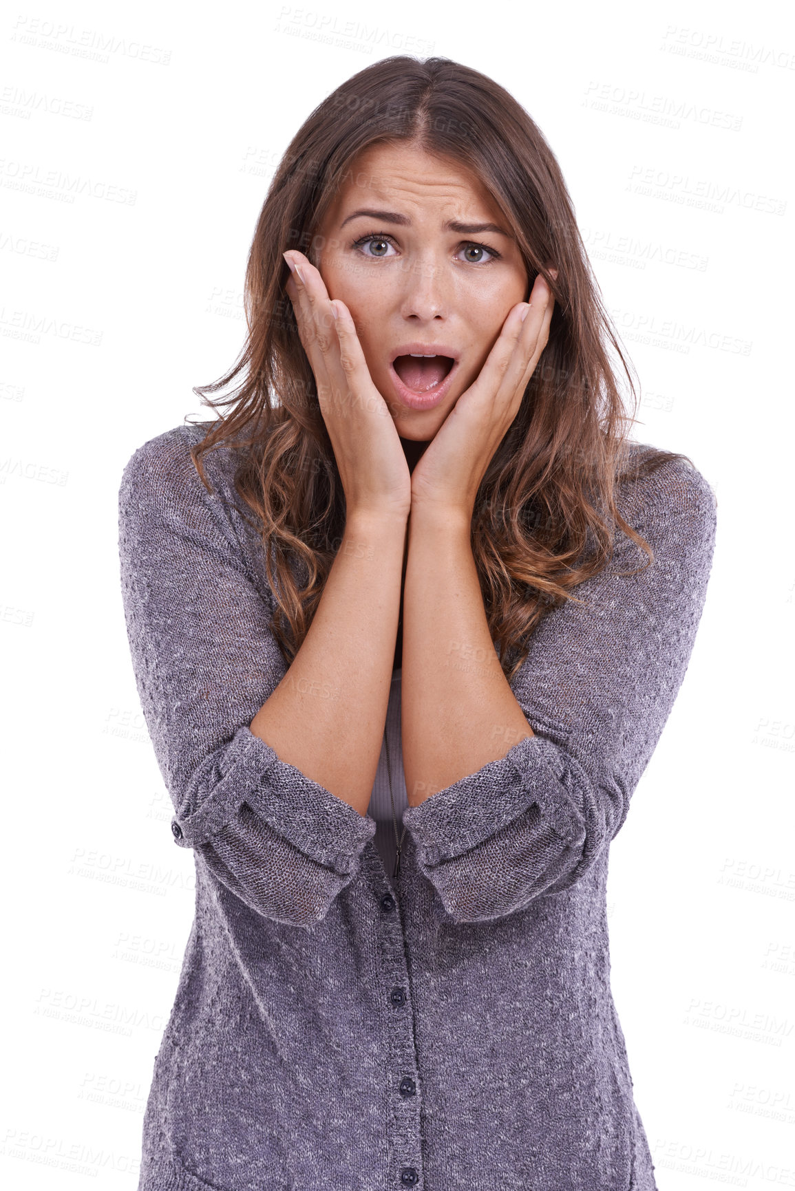 Buy stock photo Wow, surprise and shocked woman with hands on face in studio with gossip, announcement or news on white background. Omg, panic and portrait of female model with mind blown emoji for unexpected secret