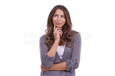 Buy stock photo Woman, thinking and decision for idea in brainstorming, memory or choice on a white studio background. Female person in thought, wonder or contemplating for solution, remember or question on mockup