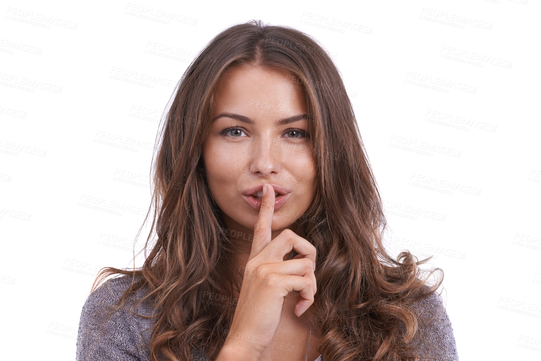 Buy stock photo Happy woman, portrait and secret for silence, whisper or gossip on a white studio background. Face of female person, brunette or model with finger on lips for confidential information on mockup space