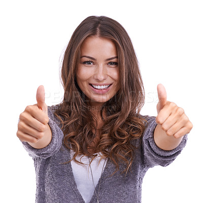 Buy stock photo Happy woman, portrait and thumbs up for good job, winning or success on a white studio background. Face of female person smile with like emoji, yes sign or OK for approval, thank you or achievement